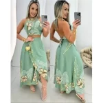 Conjunto saia e cropped estampa barrado