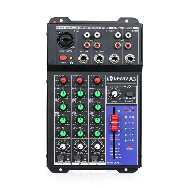 VEDO 3-Channel Professional Portable Sound Mixer Console Entrada de computador 48v Powe