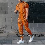 Novo Fato De Verão Homem De Luxo 2 Peças Camiseta Vintage Symmetrical Print Conjunto De Calças Retro Outfit Casual Clothing