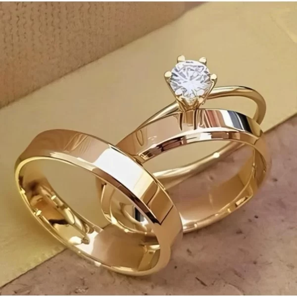 Par Aliança e Anel Solitário 4MM Noivado Casamento compromisso 100% em moeda cor de ouro 18k