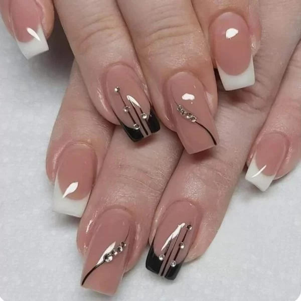 24pcs Pregos Falsos Retangulares Brilhantes com Cobertura Fria e Diamantado Tridimensional