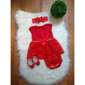 Vestido De Bebê Menina Festa Luxo Kit 4 Peças Calcinha Bunda De Rica Sapatinho e Laço Cetim Blogueirinha Várias Cores