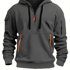 Moletom com capuz sólido de manga longa com zíper, bolso canguru e vários zíperes para homens, moletom versátil para atividades esportivas e ao ar livre