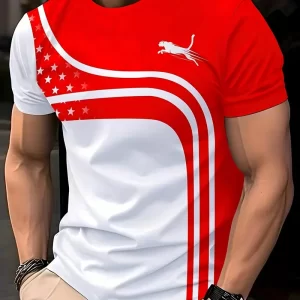 Camiseta Masculina Casual Gola Redonda Estampa 3D Padrão Geométrico, Poliéster, Design Geométrico, Ajuste Regular, Tecido Malha Elástica, Roupa Novidade