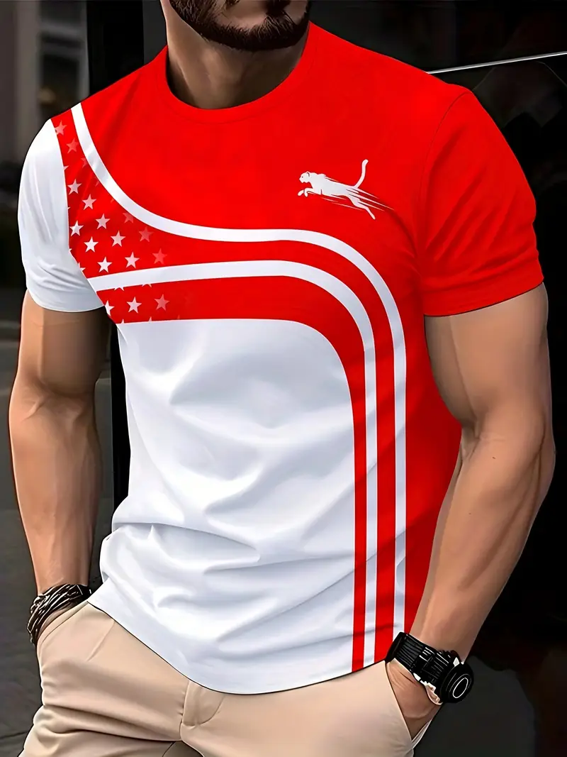 Camiseta Masculina Casual Gola Redonda Estampa 3D Padrão Geométrico, Poliéster, Design Geométrico, Ajuste Regular, Tecido Malha Elástica, Roupa Novidade