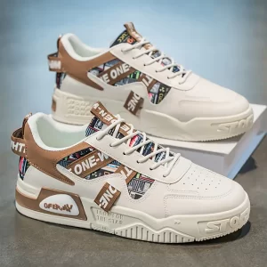 1 Par de Tênis Casuais para Homem MAINALUN - Atacadores Planos, Sapatos de Skate de Cano Baixo em PU com Alça de Tecido de Letras Aleatórias, Sola de PVC Durável, Forro de Tecido Confortável para Uso ao Ar Livre, Viagem e Uso Diário