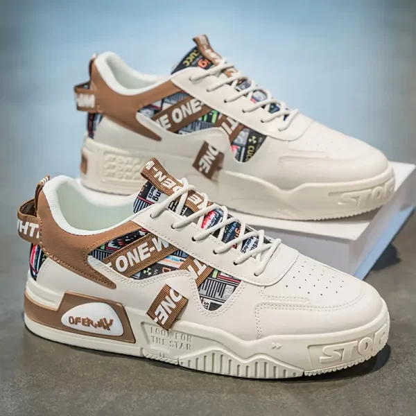 1 Par de Tênis Casuais para Homem MAINALUN - Atacadores Planos, Sapatos de Skate de Cano Baixo em PU com Alça de Tecido de Letras Aleatórias, Sola de PVC Durável, Forro de Tecido Confortável para Uso ao Ar Livre, Viagem e Uso Diário