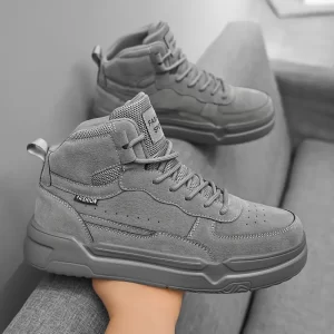 Calçados de Skate Masculino Cano Médio - Versáteis e Confortáveis em Preto, Cinza, Caqui | Cabedal de PU Durável com Forro de Tecido e Solado EVA | Design de Cadarço para Estilo Casual, Caminhadas e Atividades ao Ar Livre
