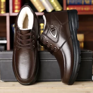 Botas de Neve Masculinas de Inverno em Couro Genuíno para Calçar - Sola de Borracha Antiderrapante de Alta Qualidade, Forro de Fleece Quente, Design Curto com Ponta Redonda para Vestuário Casual e Casual (Preto)