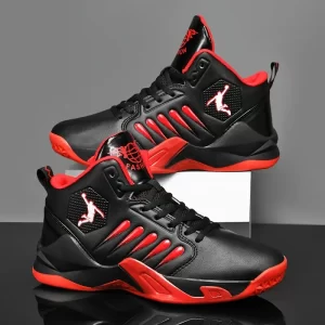 Tenis de Basquete Leves e Respiráveis para Homens - Cano Alto com Sola Antiderrapante de Borracha para Corrida, Treino & Caminhada, Design Geométrico com Detalhes em Preto/Vermelho, Cabedal de PU & Forro de Tecido, Tênis Esportivos Casuais Primavera/Verão