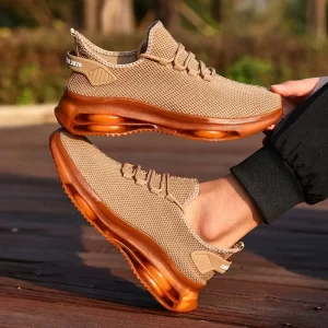 Par de Tênis Masculinos Respiráveis em Malha - Tecnologia Air Cushion, Sola Antiderrapante PVC, Parte Superior e Forro em Tecido, Solas Falsas, Cor Sólida para Todas as Estações, Design Elegante, Sola Durável