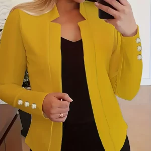 Blazer liso, aberto na frente, blazer casual com botão, manga comprida, para escritório e trabalho, roupas femininas