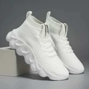 Tenis de Cano Alto Masculinos - Tecido Respirável e Amortecimento em EVA, Sapatos com Cadarço para Suporte do Tornozelo para Uso Diário Casual, Branco com Detalhes Verdes, Calçado Lazer | Tenis Meia-Caça Modernos | Solado Acolchoado em EVA