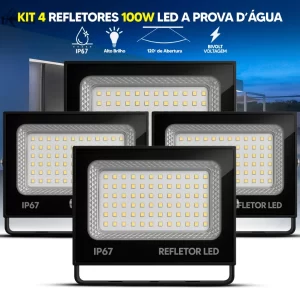 Kit Refletor LED 100W Holofote Max Alumínio Bivolt IP67 Branco Frio 6500K Alta Potência Prova D'Água