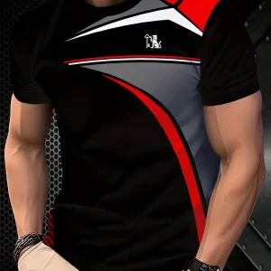 T-shirt de manga curta preta e elegante para homem, com estampa digital vermelha e azul - Decote redondo casual, design elegante para atitudes casuais