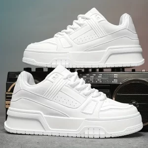 Tenis Casuais Masculinos de Cano Baixo Brancos - Parte Superior em PU Respirável & Sola Acolchoada EVA, Design Versátil com Cadarço para Conforto em Todas as Estações, Sapatos Duráveis para Caminhadas Diárias e Uso Externo, Calçados Urbanos Minimalistas, Forro Interno em Tecido, Construção Leve, Confortáveis para Uso Cotidiano