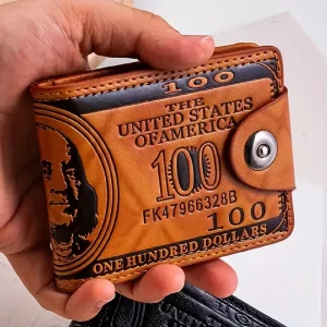 Carteira de couro PU estilo empresarial com design de impressão de dólar americano, fechamento de snap seguro, slots para múltiplos cartões, ideal para uso diário