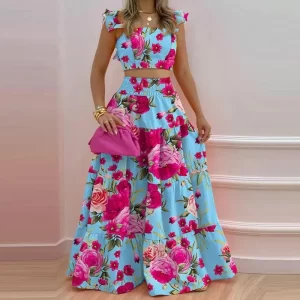 Conjunto feminino Sem Mangas Ruffled Cropped Boho Floral Estampa Color lisa Elastic Cintura Saia Longa Moda Duas Peças