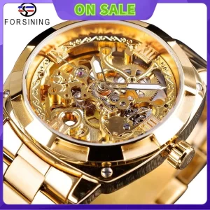 Forsining Moda Transparente Retro Relógio Mecânico Automático Dos Homens Top Marca De Luxo Completa Ouro Mãos Luminosas Relógio Esqueleto